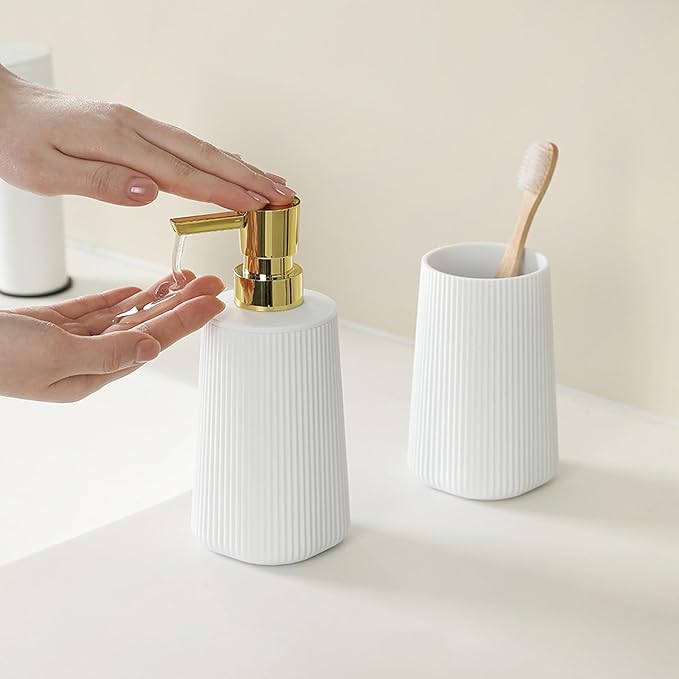 Bathroom Accessories 2 Piece Soap Dispenser and Toothbrush Holder Set Striped White and Gold