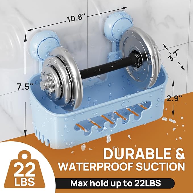 LEVERLOC Shower Caddy Suction Cup, Shower Organizer Removable Bathroom Shelf, Storage Suction Powerful Max Hold 22lbs Bathroom Caddy Waterproof Holder, Blue