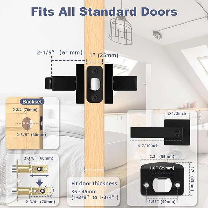 Estmoon 6 Pack Matte Black Door Handle, Keyless Interior Door Knobs Square Privacy Door Levers Heavy Duty Door Locks for Bedroom Bathroom, Reversible Interior Handles for Left & Right Handled Doors