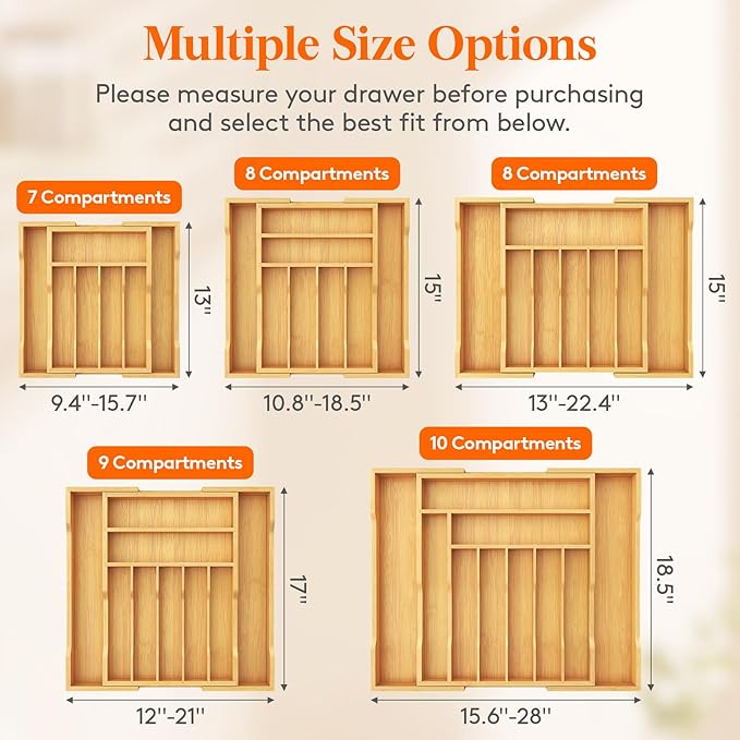 Lifewit Silverware Drawer Organizer, Expandable Utensil Tray for Kitchen, Flatware and Cutlery Holder, Wood Adjustable Storage for Spoons Forks Knives, 13-22x15/ 33-56x38cm, White