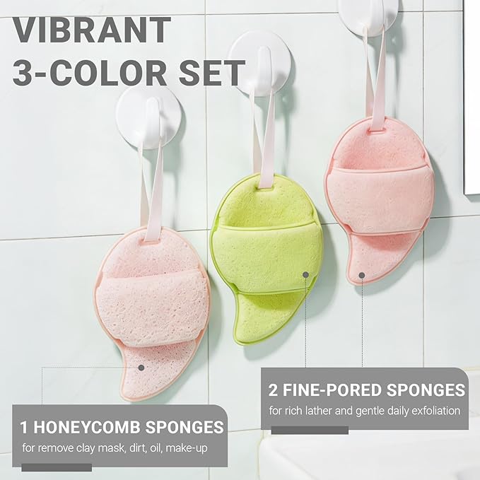 Facial Cleansing Sponge Set 3, Reusable Face Scrubbers for Gentle Cleansing & Dead Skin Removal, Cleaning Puff Wash Pads Mango Shaped for Daily Face Wash(Pink & Green)