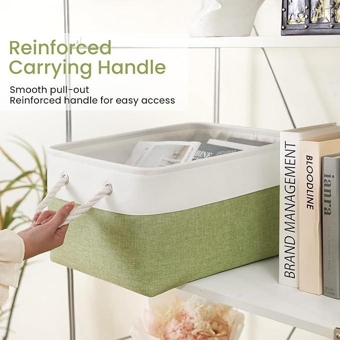Large Storage Baskets- 15.7x11.8x8.26 inch Storage Bins for Shelves and Closet Organizing, Foldable Fabric Bin for Home Organization Clothes and Laundry (3-Pack, White&Green)