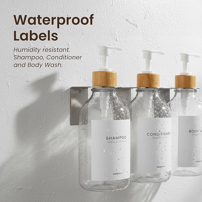 MaisoNovo Shampoo and Conditioner Dispenser - Shower Soap Dispenser Wall Mounted - 16.9 fl oz Set of 3 Clear Plastic Bottles White Bamboo Pump - Shampoo Dispenser, Shower Dispenser 3 Chamber No Drill