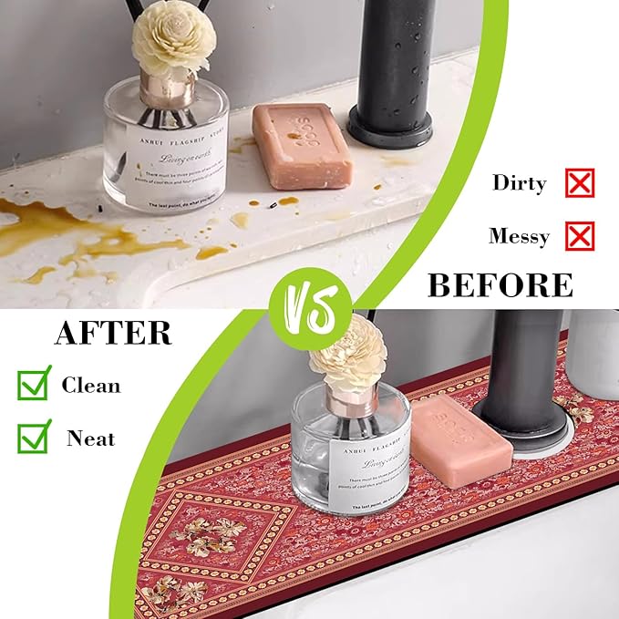 Sink Splash Guard Faucet Mat Bohemian Rug Flower Absorbent Fast Drying Mat Sink Gadgets Splash Guard Behind Faucet Drip Catcher for Kitchen Bathroom 23.5"X5.5"