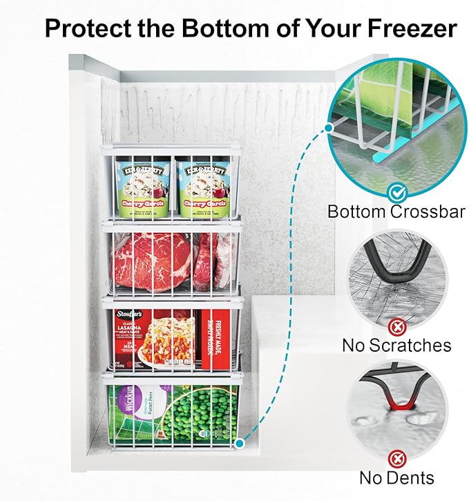 iSPECLE Deep Freezer Organizer, 8 Pack Wire Baskets for 5 Cu.Ft Chest Freezer & Upright Freezers (Over 8.5 Cu.Ft), 14" x 9.4" Stackable Heavy Duty Storage Bins Easy Access to Sort Meat, White