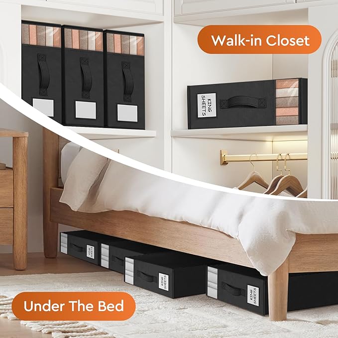 8 Pack Bed Sheet Closet Organizers and Storage,Sturdy Foldable Storage Containers with Window and Label,Storage and Organization for Bedding Sheets,Duvet Covers,Blankets (Black)