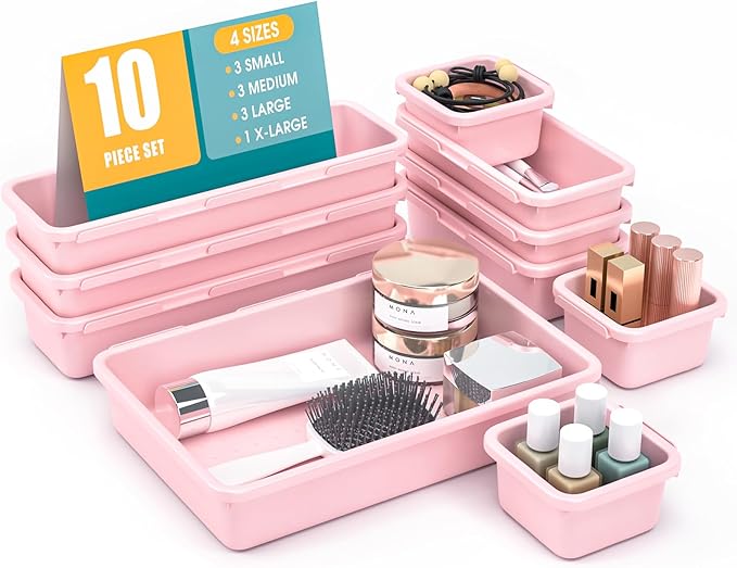 10 PCS Drawer Organizer Set, 4 Size Makeup Drawer Divider Organizer With Non-Slip Pads, Interlocking Plastic Storage Bins for Office,Jewelry Vanity,Gadgets, Bathroom,Kitchen, Pink