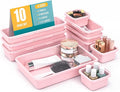 10 PCS Drawer Organizer Set, 4 Size Makeup Drawer Divider Organizer With Non-Slip Pads, Interlocking Plastic Storage Bins for Office,Jewelry Vanity,Gadgets, Bathroom,Kitchen, Pink