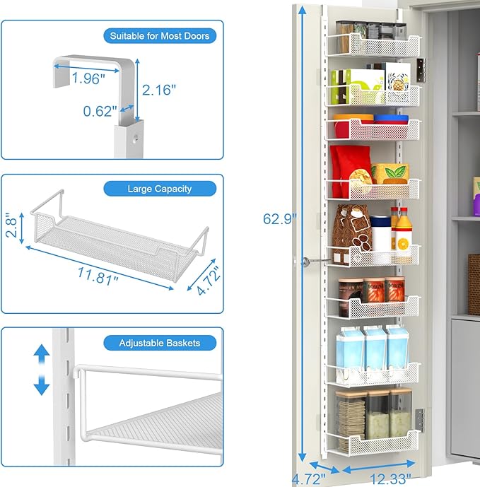 12.3" W Narrow Over the Door Pantry Organizer, 8-Tier Over the Door Organizer with Adjustable Basket, Pantry Door Organization for Pantry Kitchen Storage Room Spice Rack, White