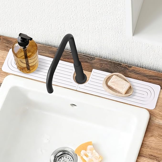 Meiliweser Stone Faucet Mat for Kitchen Sink, Quick Dry Diatomite Sink Splash Guard, Upgraded U-shaped Drying Sink Protectors, Non-Slip Stone Tray for Bathroom Counter (23.6"x4", White)