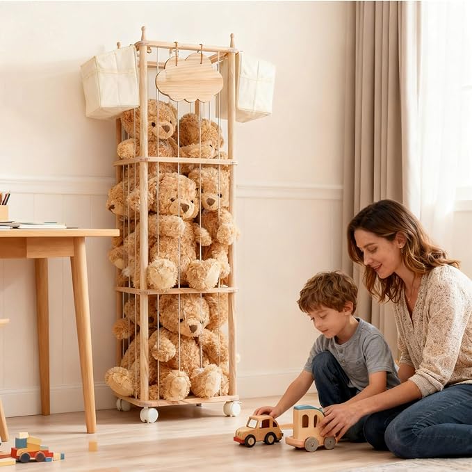 Stuffed Animal Storage & Organizer, with 2-Piece Large Detachable Toy Storage Bags, Wooden Tall Zoo Toys Storage with Wheels for Kids Playroom Kidroom Bedroom, Easy Assemble, 53 Inch