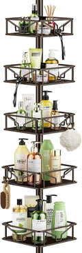 Skycarper 5 Tier Adjustable Corner Shower Caddy Organizer with Hooks,Rustproof Tension Pole 62-116 Inch,Bronze