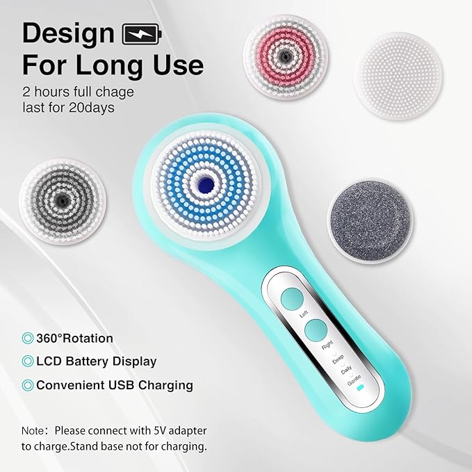 Electric Facial Cleansing Brush, 2-Way Rotating Face Scrubber for Daily & Deep Cleaning, 3 Modes, 5 Brush Heads, Rechargeable, IPX7 Waterproof for All Skin Types