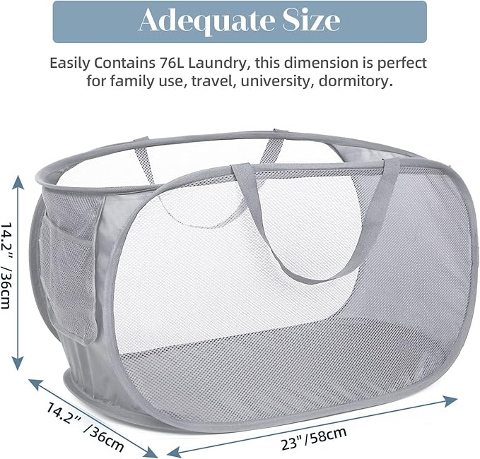 Durable Collapsible Laundry Baskets, Mesh Pop Up Laundry Hamper with Side Pocket, Foldable Clothes Hamper with Reinforced Carry Handles for Laundry, Bathroom, Kids Room, Dorm or Travel 2 Pack Grey