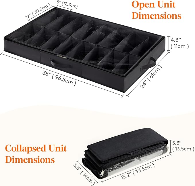Lifewit Under Bed Shoe Storage Organizer 1 Pack(16 Pairs), 4.3" Tall Fabric Shoes Container Box, Foldable Closet Shoe Bag with 2 Reinforced Handles and Clear Cover, Black