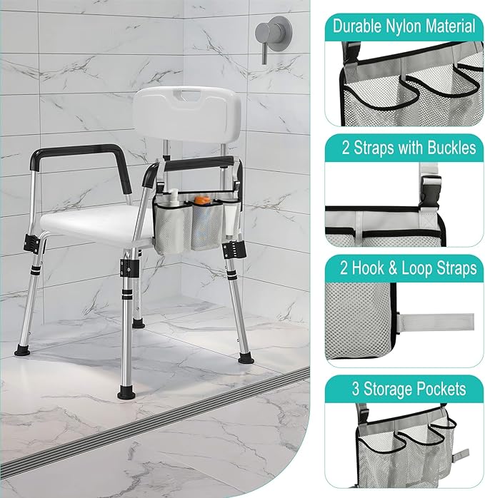 Beautyflier Removable Hanging Bag for Shower Chair, Commode Chair Side Storage Bag, Armrest Chair Side Organizer, 3 Storage Pockets for Shampoo, Shower Gel, Facial Cleanser, Bag Only (Gray)