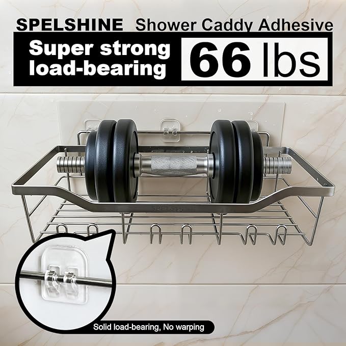Heavy-Duty Wall Mount Shower Caddy, 66lb Capacity, Transparent, Metal, Square