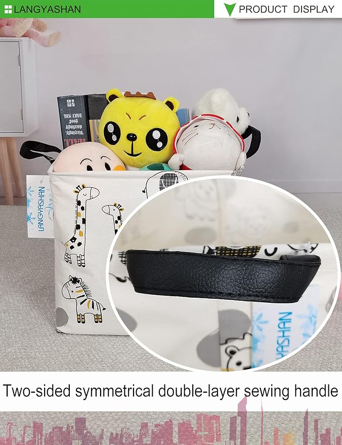 LANGYASHAN Square Storage Baskets Waterproof Canvas Children Laundry Nursery Hamper for Shelves Gift Baskets Toy Organizer Room Decor (Square full animal)