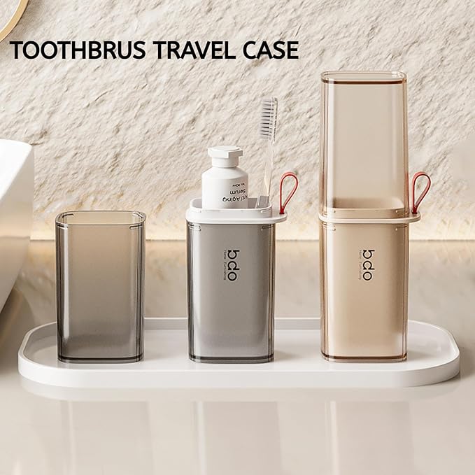 Topavatop Toothbrush Travel Case, 2 in 1 Toothbrush Holder and Rinse Cup, Large Capacity Toothbrush Cup with Cover, Portable Travel Toothbrush Holder for Traveling, Camping, Trip - 1Pcs - Grey&White
