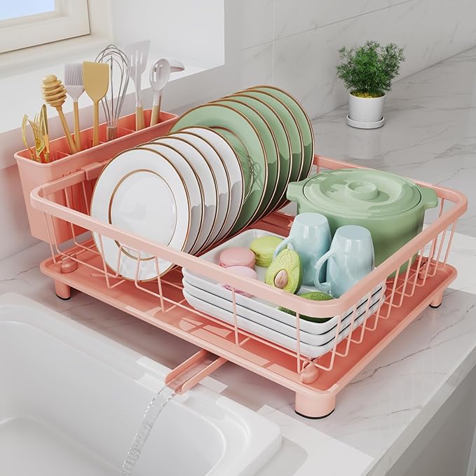 Pink Dish Drying Rack - Space-Saving Dish Rack,Dish Racks for Kitchen Counter with Drainboard, Birthday Christmas Day Mothers Day Thanksgiving Gifts for Mom Grandma Wife Kitchen Enthusiasts
