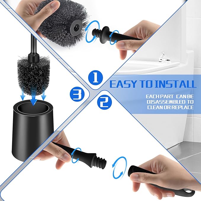 4 Pack Toilet Brush and Holder, Long Handle Toilet Bowl Brush, Deep Cleaning for Bathroom Toilets, Drip-Proof, Easy to Assemble, Black