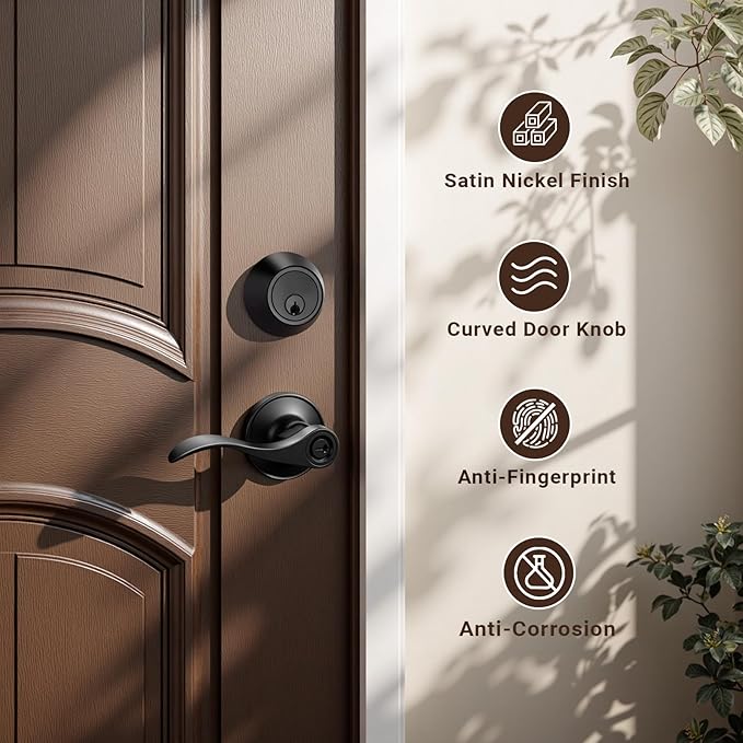 Knobonly 1 Set of Front Exterior Door Knob Set with Single Cylinder Deadbolts in Matte Blac Finish, All Keyed Same Combo Pack, Wave Style Entry Door Lever Locks with Combinations