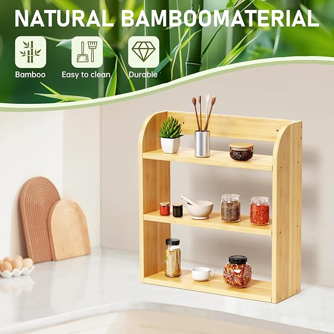 3 Tier Bamboo Spice Rack, Countertop or Wall Mounting Wood Spice Jars Organizer Shelf for Kitche, Pantry (Natural)