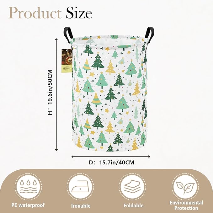 HUNRUNG Laundry Hamper,Large Canvas Fabric Lightweight Storage Basket Toy Organizer Dirty Clothes Collapsible Waterproof for College Dorms（Round-Green tree）
