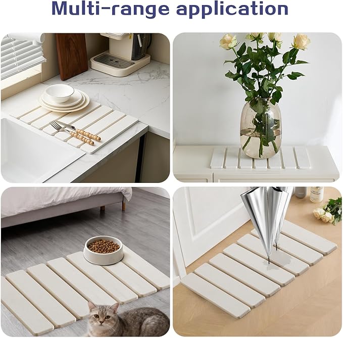 ODE TO ORDER 15.76 Inch Super Absorbent Diatomaceous Earth Mat for Bathroom, White Easy Clean Rollable Foldable Stone Bath Mat, Non-Slip Quick Dry Shower Mat for Kitchen,Outdoor Use