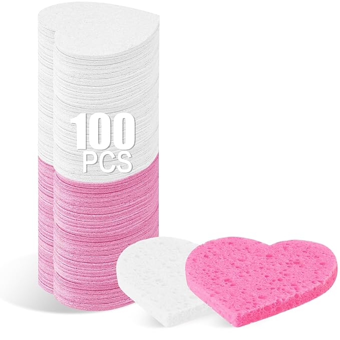 100-Count Compressed Facial Sponges for Estheticians Heart Shape Natural Cellulose Sponge Cosmetic Spa Sponges for Face Cleansing, Massage, Pore Exfoliating, Mask, Makeup Removal, White+Pink