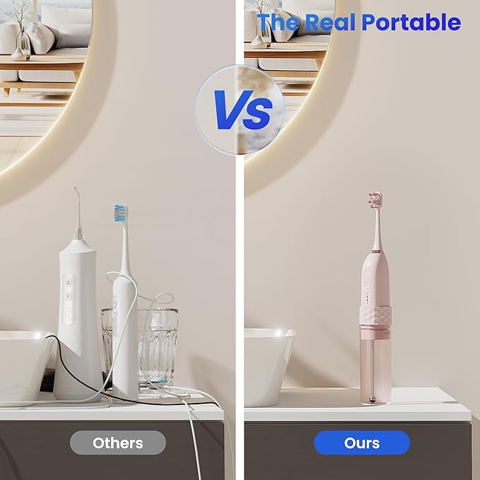 Electric Toothbrush with Water flosser, 2 in 1 Teeth Cleaning Kit, Toothbrush and Water flosser Combo, 25-Day Battery, Travel Toothbrush with Water Bottle(Pink)