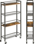 YMYNY Slim Kitchen Storage Rolling Cart, 4-Tier Utility Cart on Wheels, for Narrow Spaces, Laundry Room, Dining Room, Bathroom, 32.7" H Shelving Unit with Mesh Baskets, Rustic Brown UHBR002H