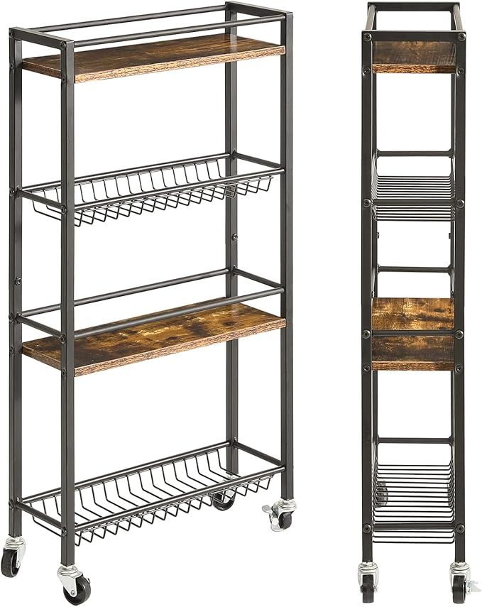 YMYNY Slim Kitchen Storage Rolling Cart, 4-Tier Utility Cart on Wheels, for Narrow Spaces, Laundry Room, Dining Room, Bathroom, 32.7" H Shelving Unit with Mesh Baskets, Rustic Brown UHBR002H
