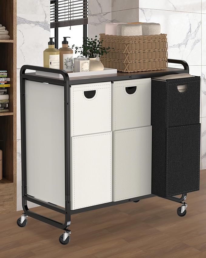 Laundry Sorter 3 Section,Laundry Basket with Wheels,3×15.8 Gal (60L) Laundry Hamper Organizer with Large Wooden Desktop Sorter,Pull-Out and Removable 900D Oxford Fabric Laundry Bags for Laundry Room