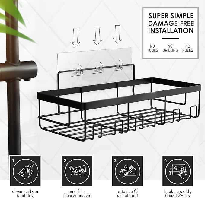 Clara Clark Bathroom Accessories Set - Bathroom Set with Adhesive Corner Shower Caddy Hanging, 25PC Bathroom Accessory Set, White Shower Curtain Set, Toilet Brush, Trash Can & Soap Dispenser