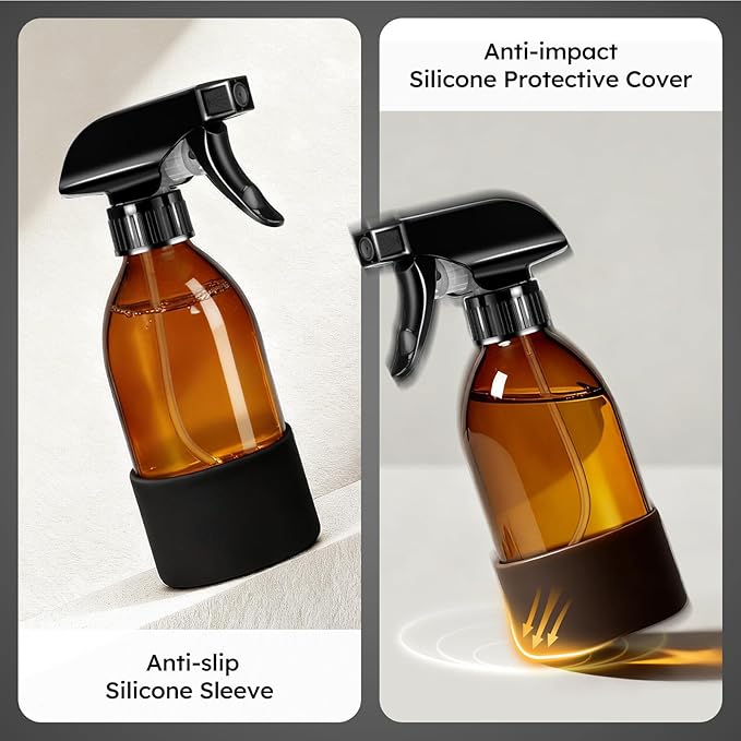 Tecohouse 2 Pack 360° Amber Glass Spray Bottles with Silicone Sleeve, 8 oz Empty Refillable Containers with Adjustable Spray Nozzles, Dark Spray Bottles for Cleaning Solutions, Plants (Black & Brown)
