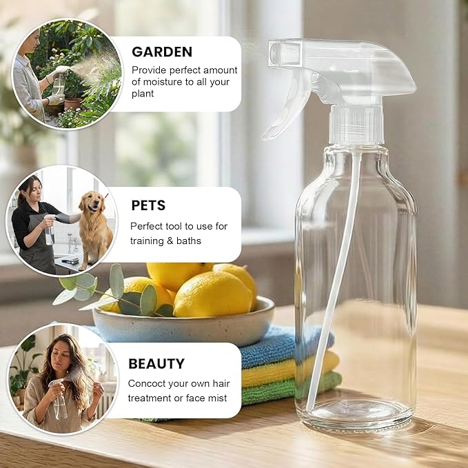 Glass Spray Bottles 16.9oz Empty Spray Bottle Mist/Stream Spraying Small Refillable Containers for Hair Care, Cleaning Solutions, Plants, Essential Oils 2 Pack (Clear, 16.9oz)