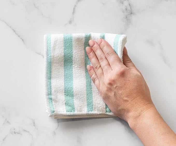 Martha Stewart Microfiber Cleaning Cloths, Ultra-Absorbent, Lint-Free Cleaning Towels for Home & Kitchen, Teal Stripes, 11 Inches, 24 Count