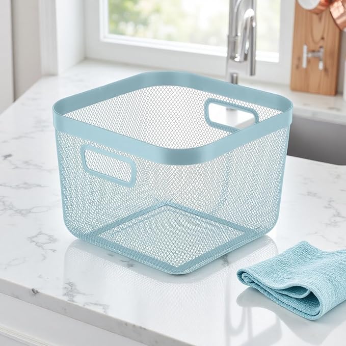 Metal Mesh Steel Baskets, Household Wire Storage Organizer Bin Garden Harvest Basket Multi-functional Fruit Baskets with Handles for Kitchen Bathroom Picnic Shopping Decor Cabinet Home, Blue