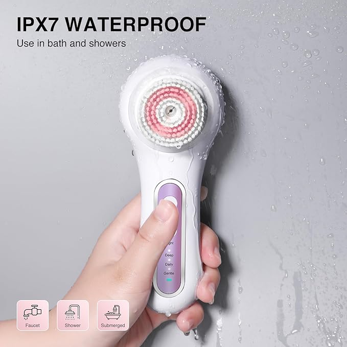 Electric Facial Cleansing Brush, 2-Way Rotating Face Scrubber with 3 Modes, Rechargeable, 5 Brush Heads, IPX7 Waterproof, Deep Pore Cleaning for All Skin Types