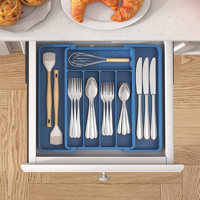 Lifewit Silverware Drawer Organizer, Expandable Utensil Tray for Kitchen, BPA Free Flatware and Cutlery Holder, Adjustable Plastic Storage for Spoons Forks Knives, 8.5"-14.1" x 12.1", Dark Blue