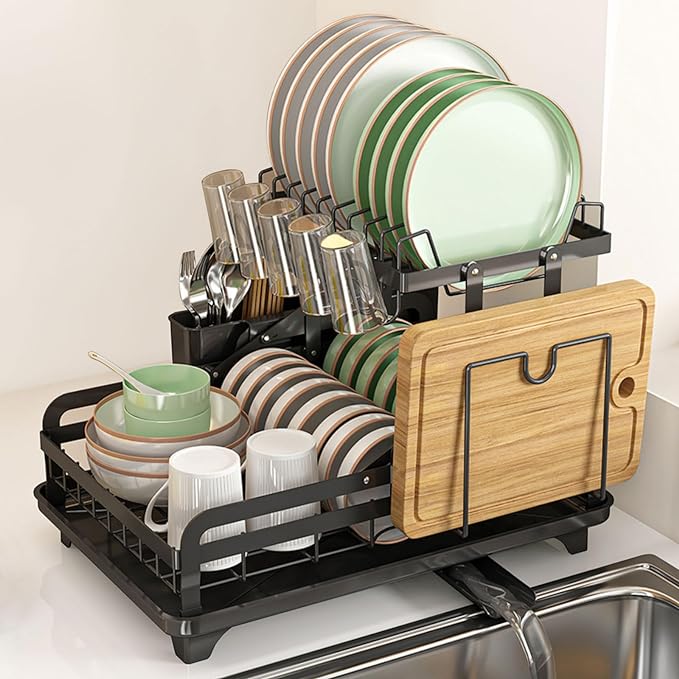 2 Tier Metal Dish Drying Rack Without Installation Sturdy Dish Racks for Kitchen Counter with Drain Board Multifunctional Storage and Drainage Apartment Essentials Medium Size