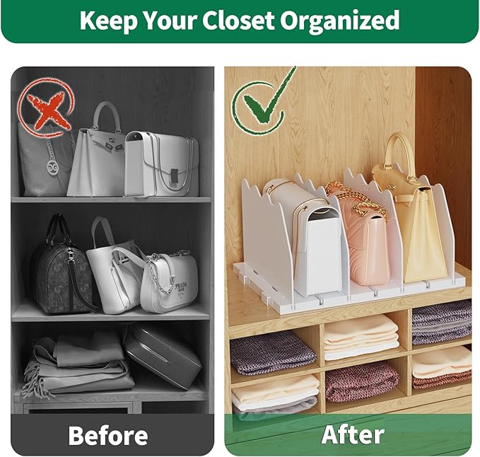 SPACEKEEPER Shelf Divider for Closet, Adjustable Purse Organizers Handbag Separators Storage Organizer Bookshelf Separator Dividers in Bedroom Office Kitchen Bathroom, White