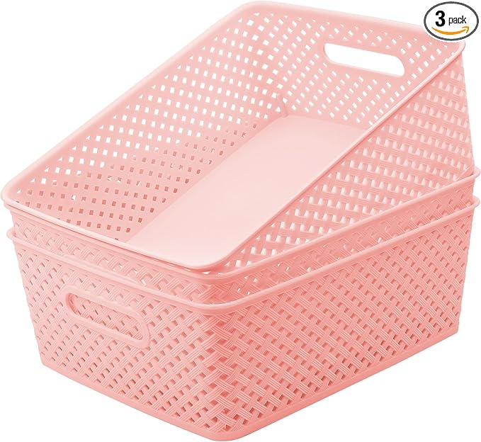 MaxGear Organization and Storage 3 Packs, Plastic Bins Organizer Bins, Woven Baskets for Storage, Plastic Baskets with Handles, Pink Basket for Organizing, Basket Organizer for Home and Office, Large