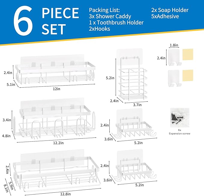 Shower Caddy 9 Pack,Adhesive Organizer for Bathroom Decor Accessories & Kitchen Storage,No Drilling,Large Capacity,Rustproof Stainless Steel Organizer,Home Decor Shelves