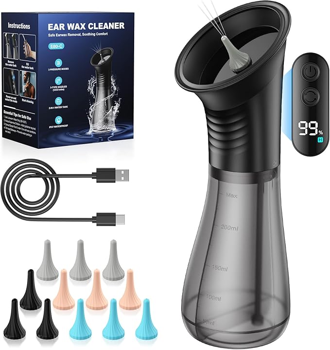 Electric Ear Wax Removal with One-Piece Waste Tank and Smart Display, 3 Targeted Modes, 230ml Detachable Tank, 12 Nozzles -Ear Cleaning Kit IPX7
