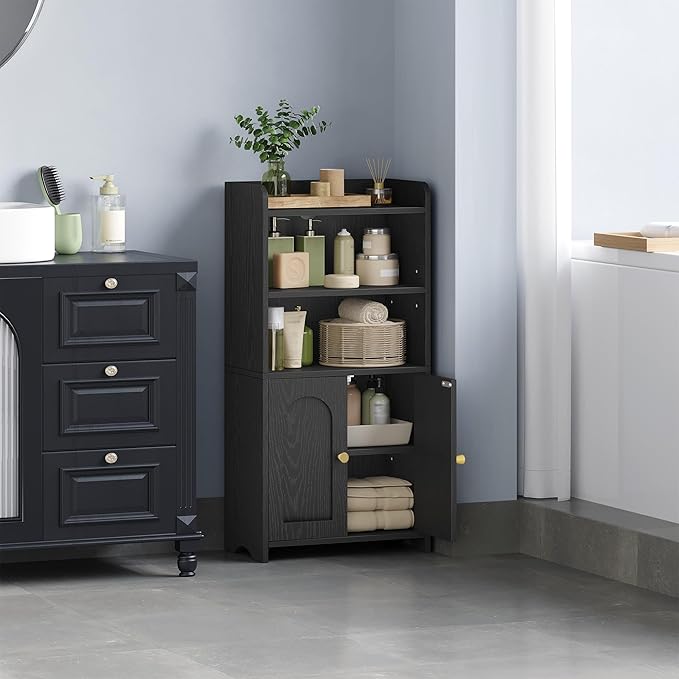 Small Bathroom Storage Cabinet, Bathroom Organizers and Storage with 2 Doors and Shelves, Floor Cabinet Freestanding with Adjustable Shelf for Small Spaces, Black 7.9" D x 14.6" W x 29.6" H