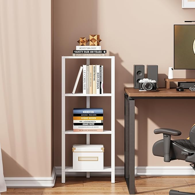 TUTOTAK Corner Shelf, 4-Tier Corner Bookshelf for Small Space, Narrow Display Corner Shelf Stand with Storage Rack, for Living Room, Bedroom, White BS05BW004