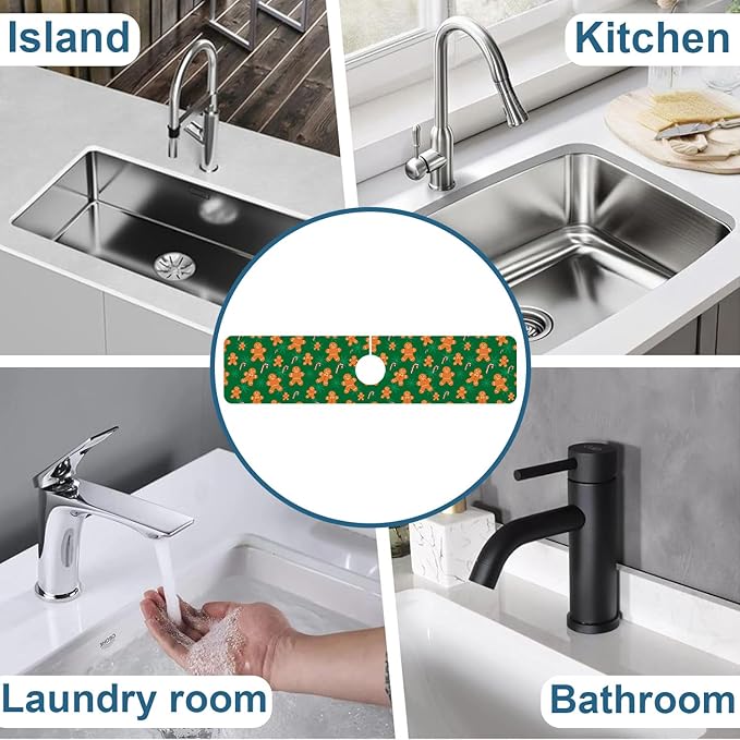 Christmas Happy New Year Sink Faucet Absorbing Mat Santa Claus Super Absorbent Fast Drying Mat Sink Gadgets Behind Faucet Sinkmat for Kitchen Bathroom, 23.5"x5.5"