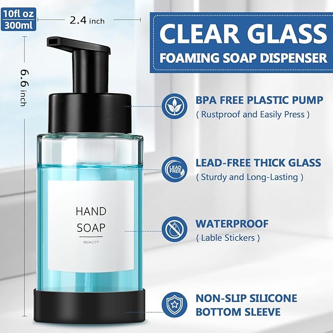 Foaming Soap Dispenser, 10 oz/300ml Foaming Hand Soap Dispenser, 2 Pack Glass Dispenser with 2 Non-Slip Silicone Bottom Sleeve, Refillable Foam Dispenser for Bathroom & Kitchen